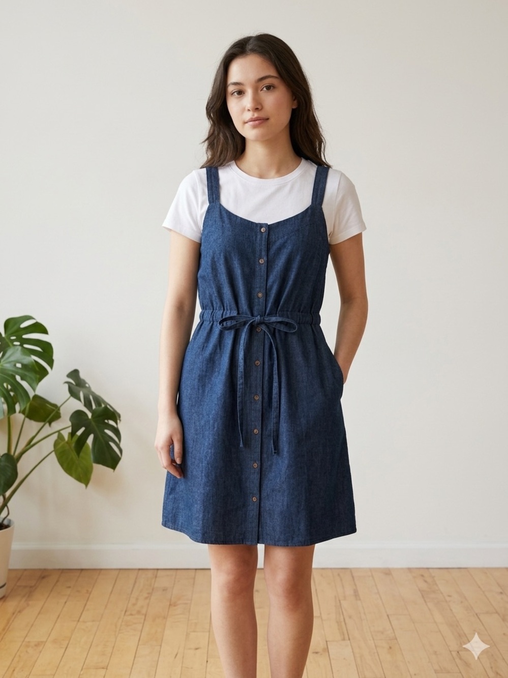 Oak+Fort Dark Denim Button Front Drawstring Dress OS